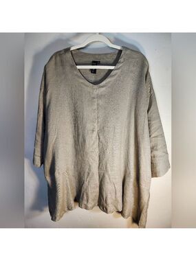 Focus 100% Linen Casual Lite Beige V-Neck Boxy Oversized Top L/XL